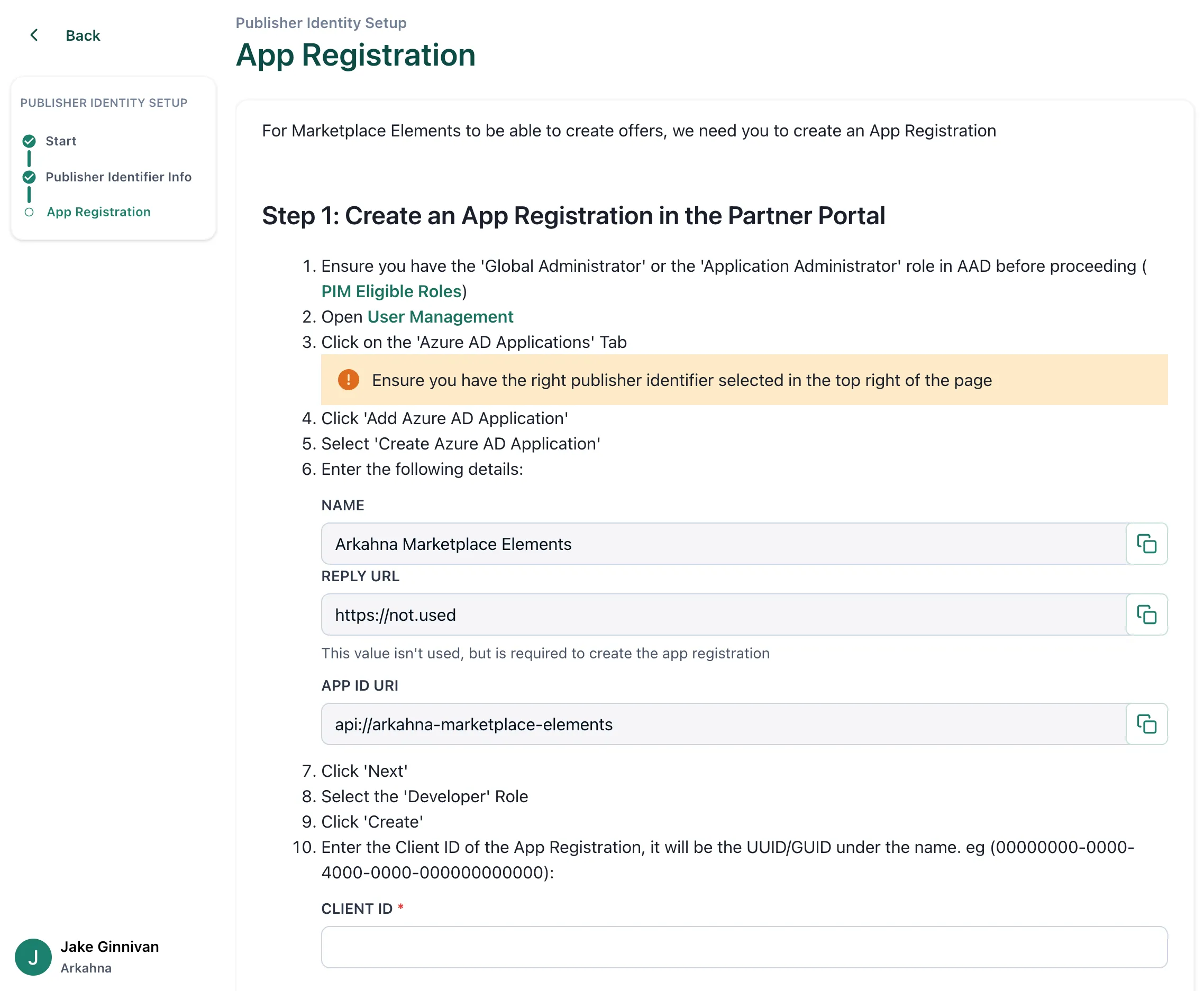 App registration wizard